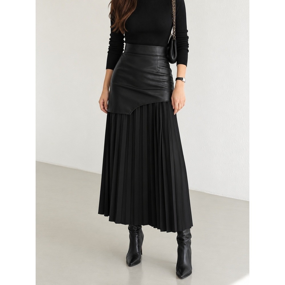 COMMENSE Black Faux Leather Chiffon Pleated Asymmetric Maxi Skirt US 8-10 L NWT - Picture 3 of 12